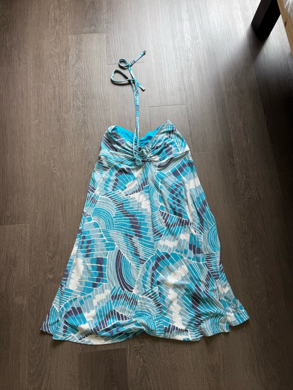 Blue Patterned Tie Neck Dress Size Small Flirty — As Described